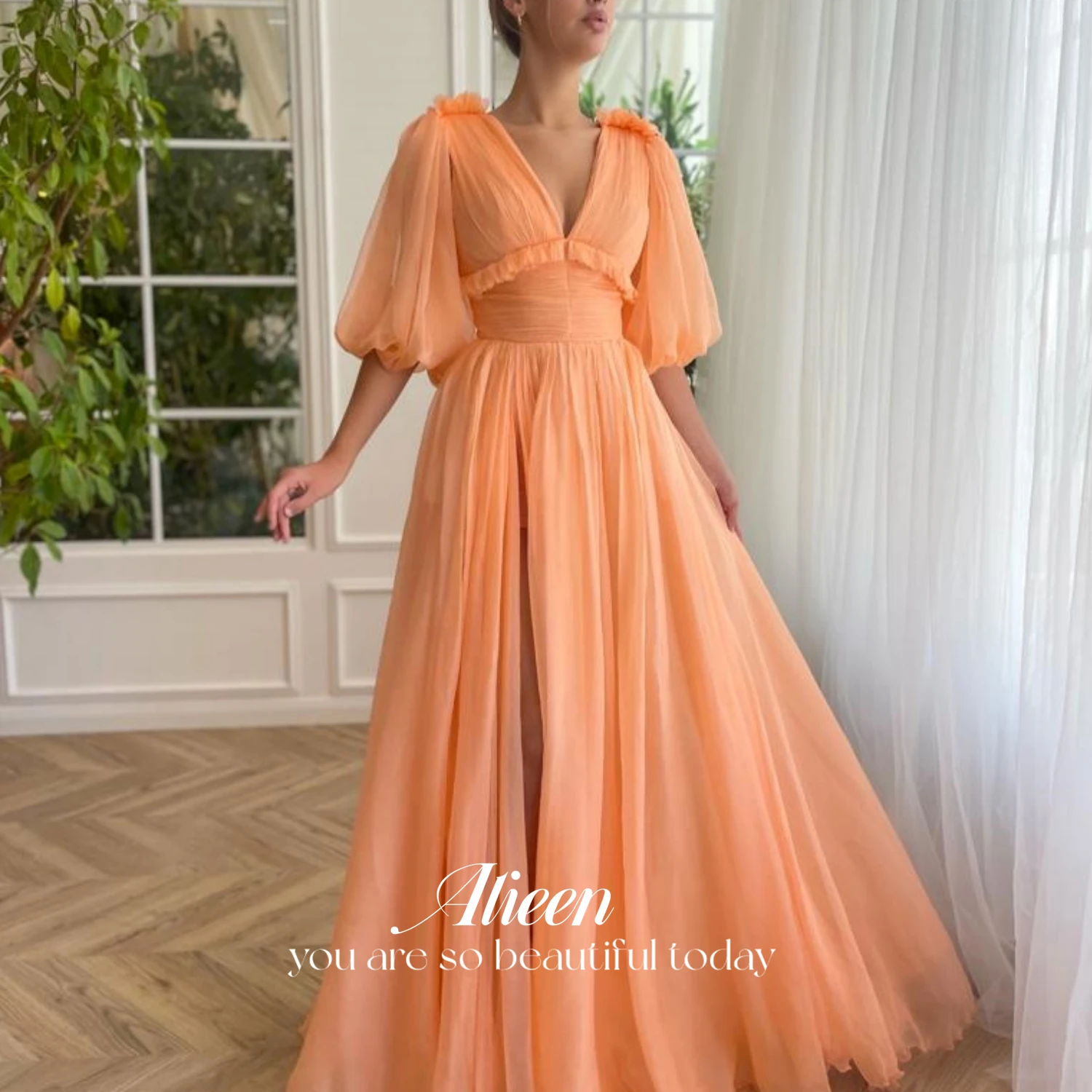 

Aileen Orange Color Elegant Guest Wedding Dress Party Evening Elegant Luxury Celebrity Ball Gown Line A V-neck Mesh Dresses Gala