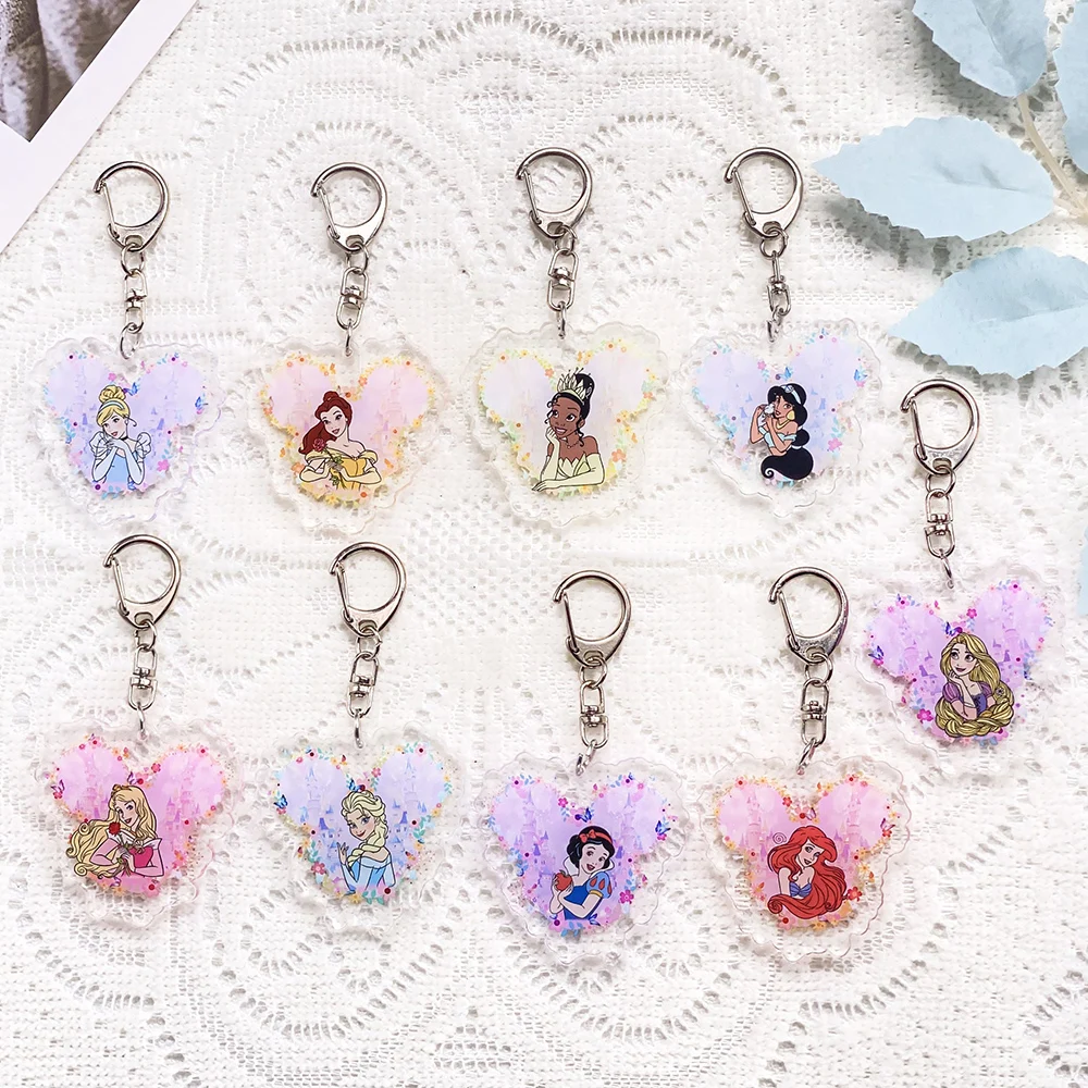 1/9Pcs Disney Ariel Cinderella Rapunzel Car Keychain Acrylic Keyrings Bag Charms Backpack Pendant Prop Decoration Friends Gifts