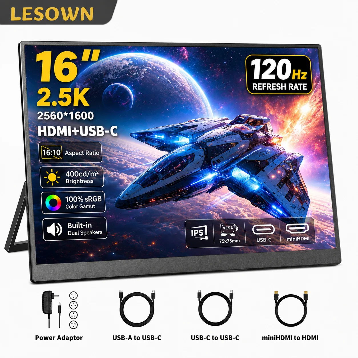 LESOWN 16" 120Hz High Refresh Portable Display 2560x1600 Driver-free Laptop Screen Extender for Steam Deck