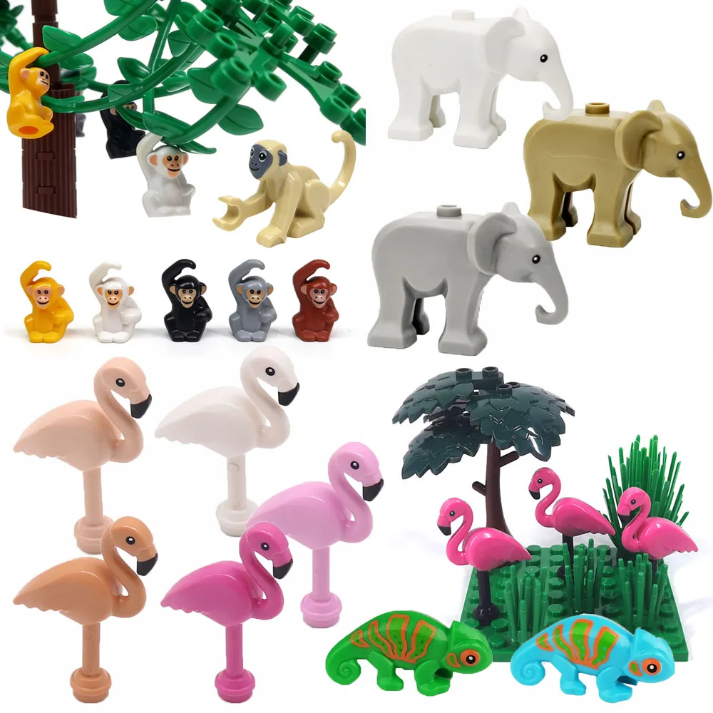 Bloques de Construcción MOC, Animales (Flamingo, Camaleón, Mono), Compatibles con la Isla Tropical, Ladrillos DIY, Piezas y Accesorios para Modelos