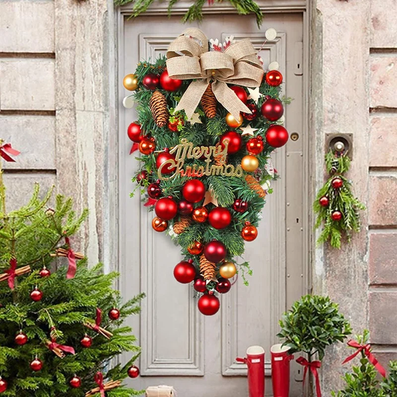 2Pcs Christmas Front Door Wreath Xmas Teardrop Wreath Set Kit For Front Door, Wall, Fireplace