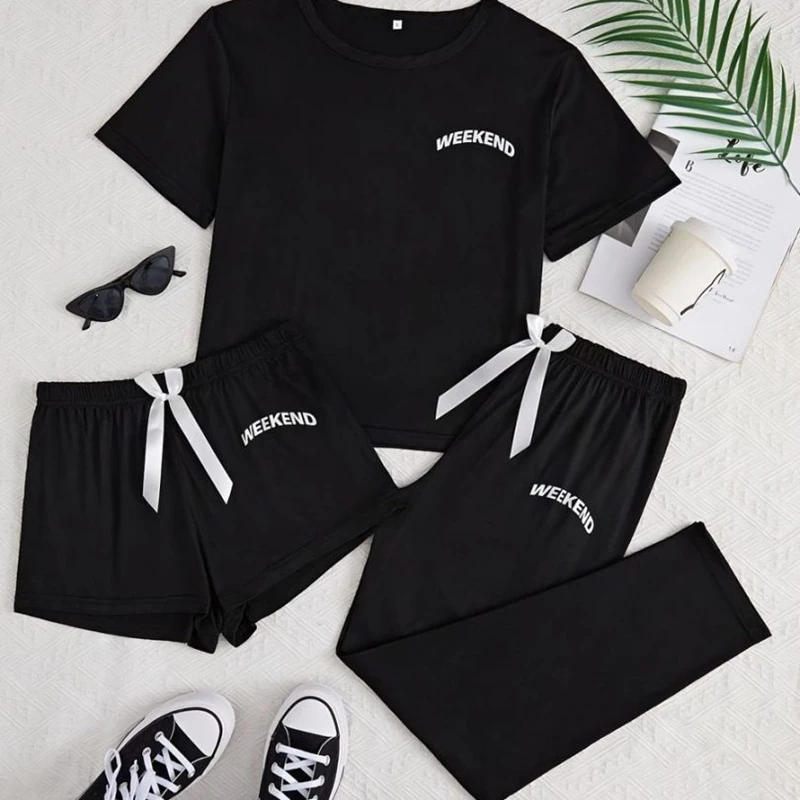 

Women's Black Ultra-Soft Letters Print Loungewear Set Comfy Short Sleeve Tee Elastic Shorts And Pants With Bow For Homewear Pjs