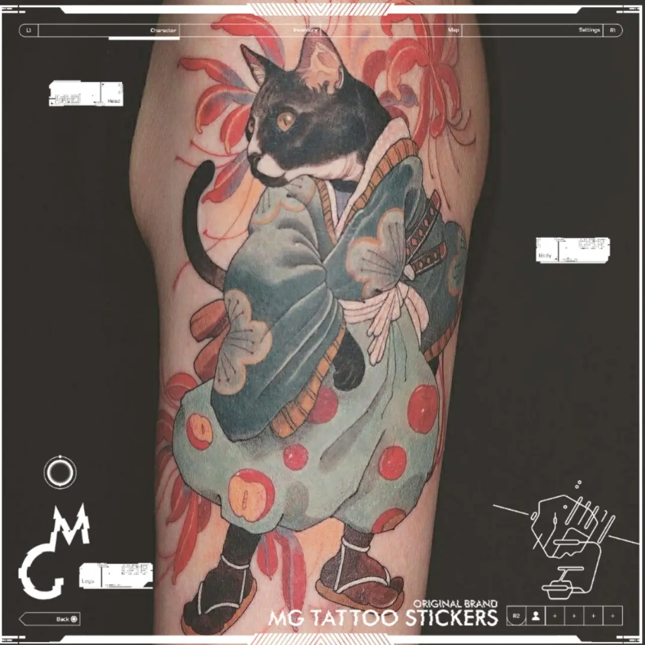 Ukiyoe Ninja Cat Tattoo Sticker for Women Man Waterproof Fake Tattoo Cartoon Art Temporary Tattoo Arm Lasting Cute Tatoo Sticker