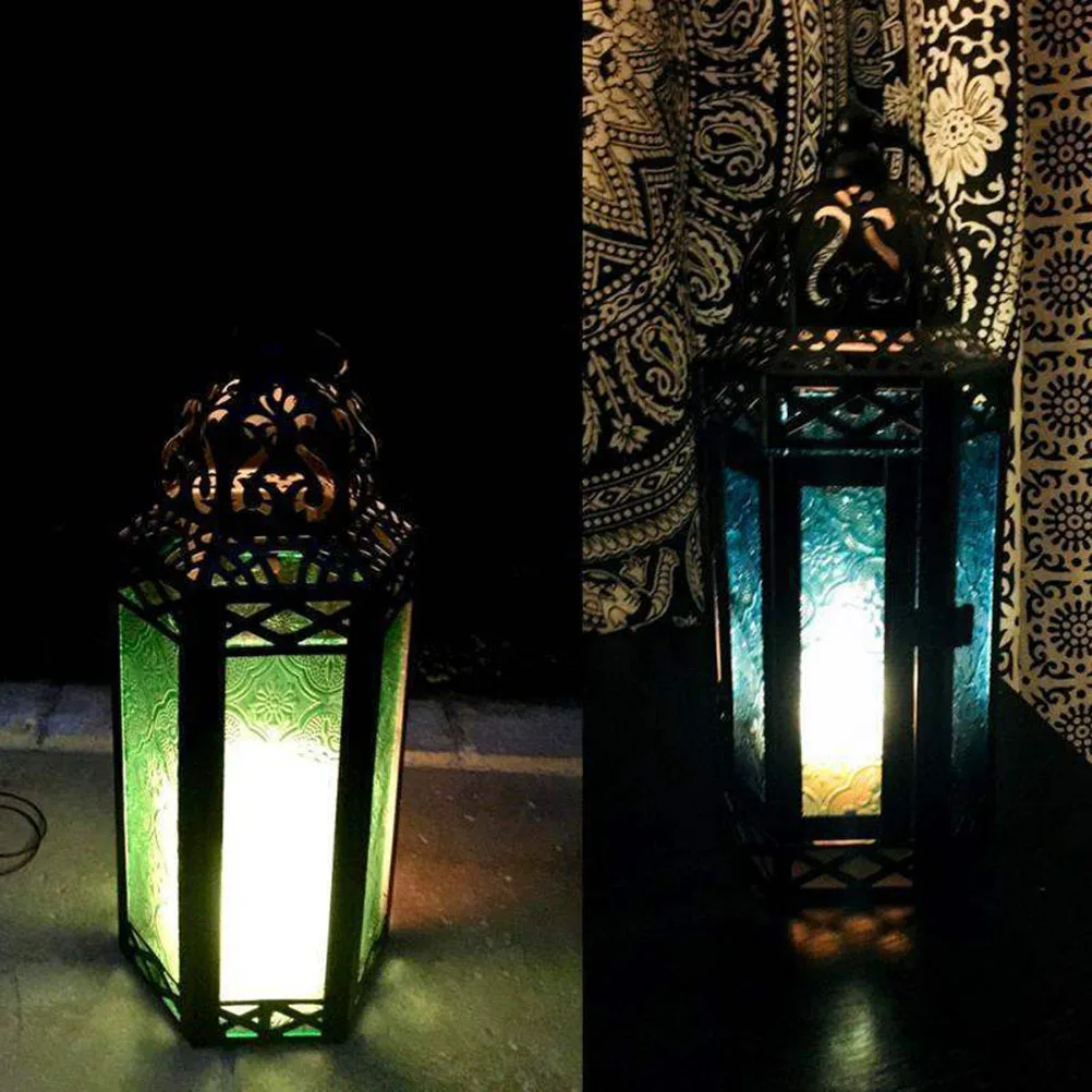 

Morocco Style Wrought Iron Hanging Holder Decorative Storm Lantern Desktop Ornaments (Green)