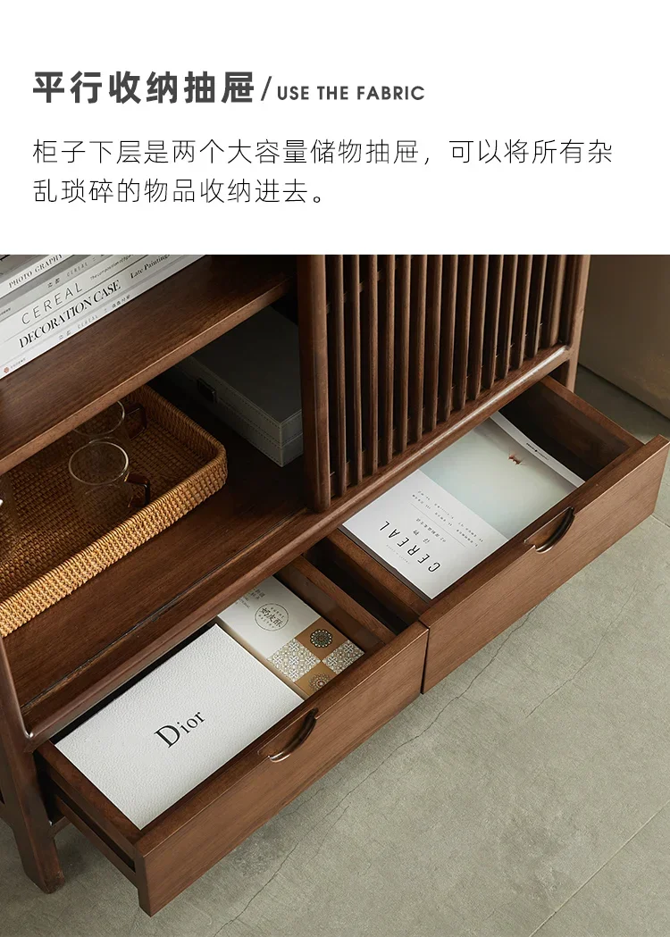 Chinese Style  Solid Wood Sideboard Black Walnut Color Tea Cabinet Storage Sliding Door Wine Cabinet Display Cabinet Locker