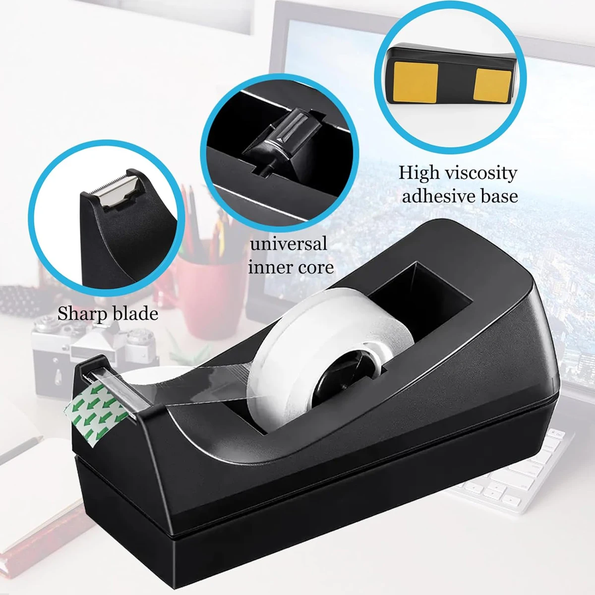 1pc，Black, Desktop Tape Dispenser with Non-Slip Base, Dispenser Tape Refill, Dispenser