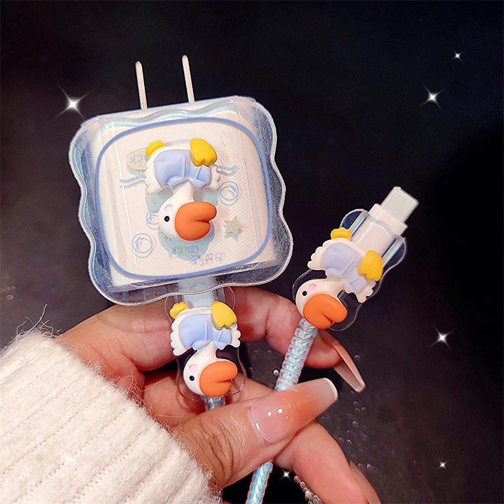 Clear Charger Case For iPhone 18 17 Duo iPad 20W Cartoon Swan Anti Breakage Transparent USB Data Cable Protective Cover Winder