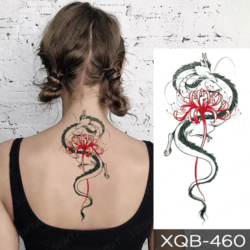 Waterproof Temporary Tattoo Sticker Black Dragon Snake Peony Rose Totem Flash Tatto Women Men Dark Sexy Waist Arm Fake Tattoos