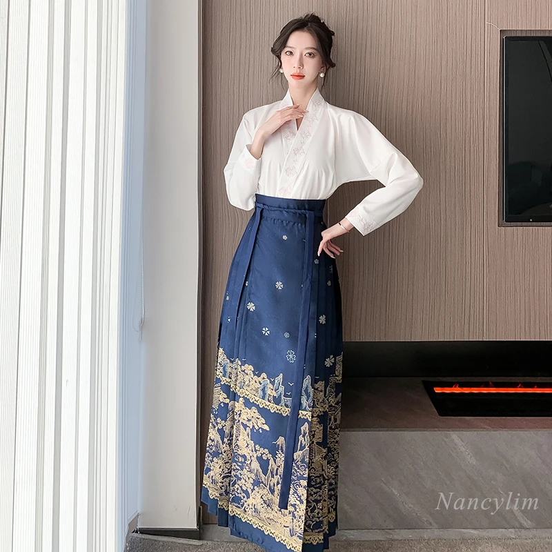 

New Chinese Style Horse-Face Skirt Two-Piece Suit for Women Spring Winter New Improved Hanfu Adult Daily Commuting Outfits Mujer