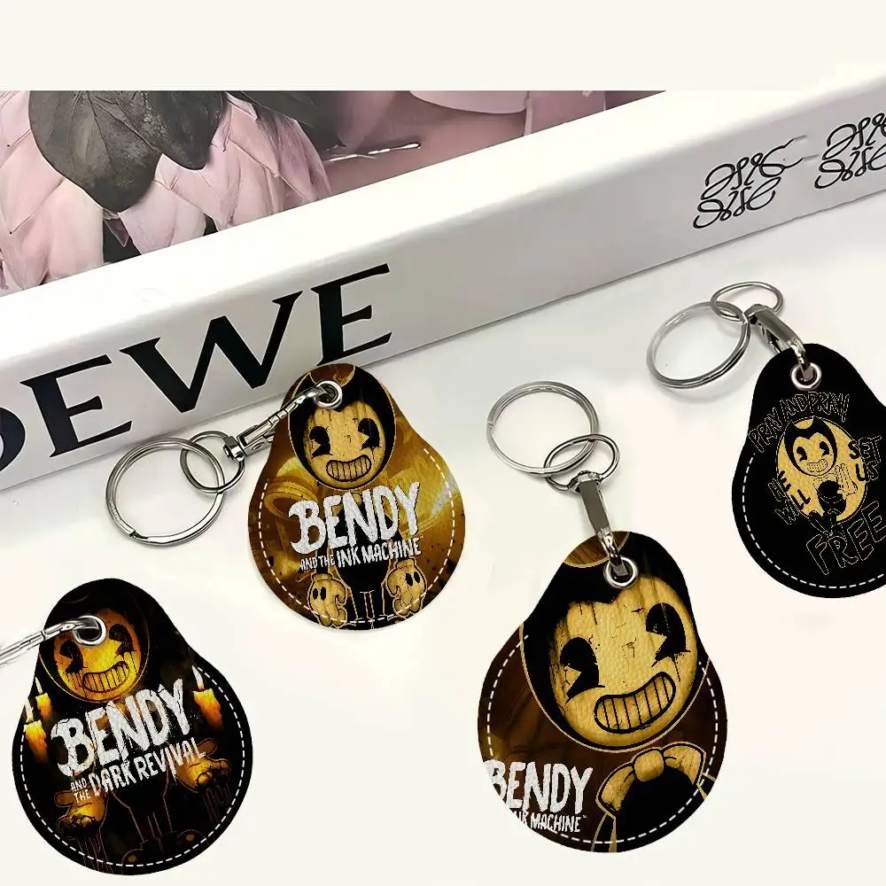 B-Bendy and The Ink Machines Keychain Access Card Bag Key Tag Ring Leather Card Holder Keychain Key Ring Door Lock Access Tags