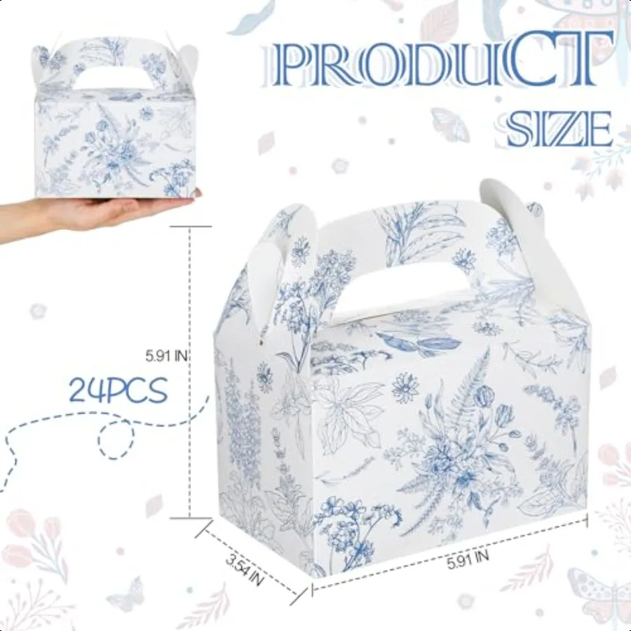 กล่องของขวัญกระดาษลายดอกไม้สีฟ้า 24 ชิ้น กล่องของชำร่วยงานเลี้ยง กล่องของขวัญแบบมีหูหิ้ว ลายดอกไม้สไตล์จีน สำหรับใส่ขนมในงานแต่งงาน