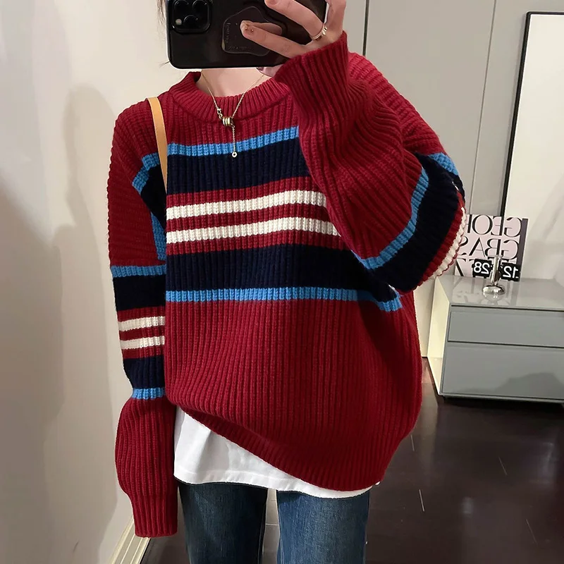 Autumn/winter New Fashion Casual Color Blocked High Quality Sweater Retro Elegant Comfortable Long Sleeved Knitted Women's Top