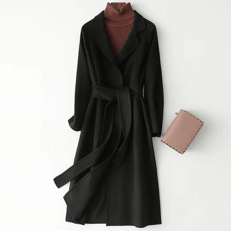 

New Fashion Faux Woolen Coat Women Autumn Casual Solid Color Elegant Long Belt Wool Jacket Female Slim Overcoat Clothes B1384