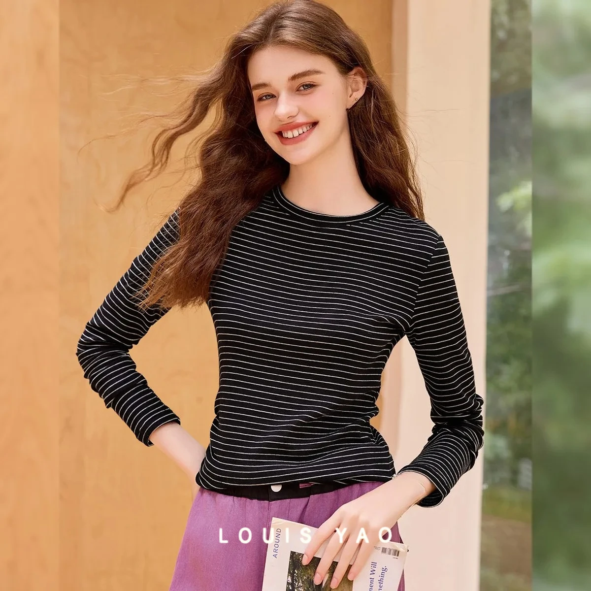 

LOUIS YAO New Lyocel Fabric Striped Long-sleeved Tees 2025 Autumn/Winter Contrast Colours Tops Outerwear Women's T-shirts