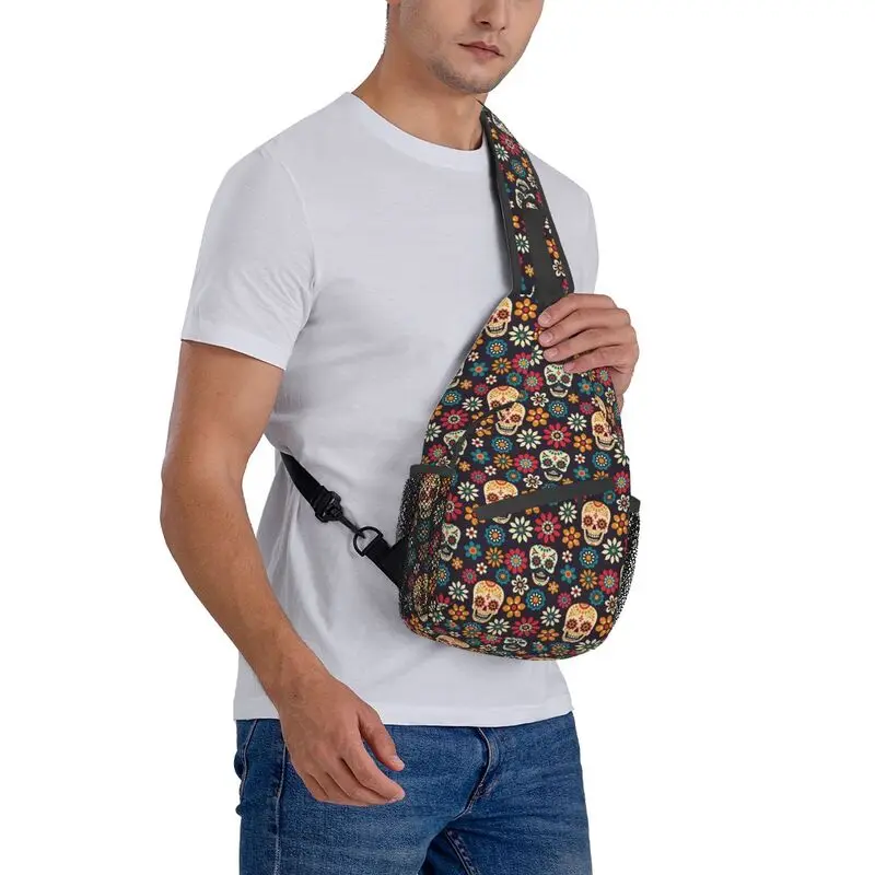 Mochila con patrón de calavera de azúcar personalizada para hombre, bandolera de hombro con estampado Floral mexicano, mochila cruzada para ciclismo y Camping