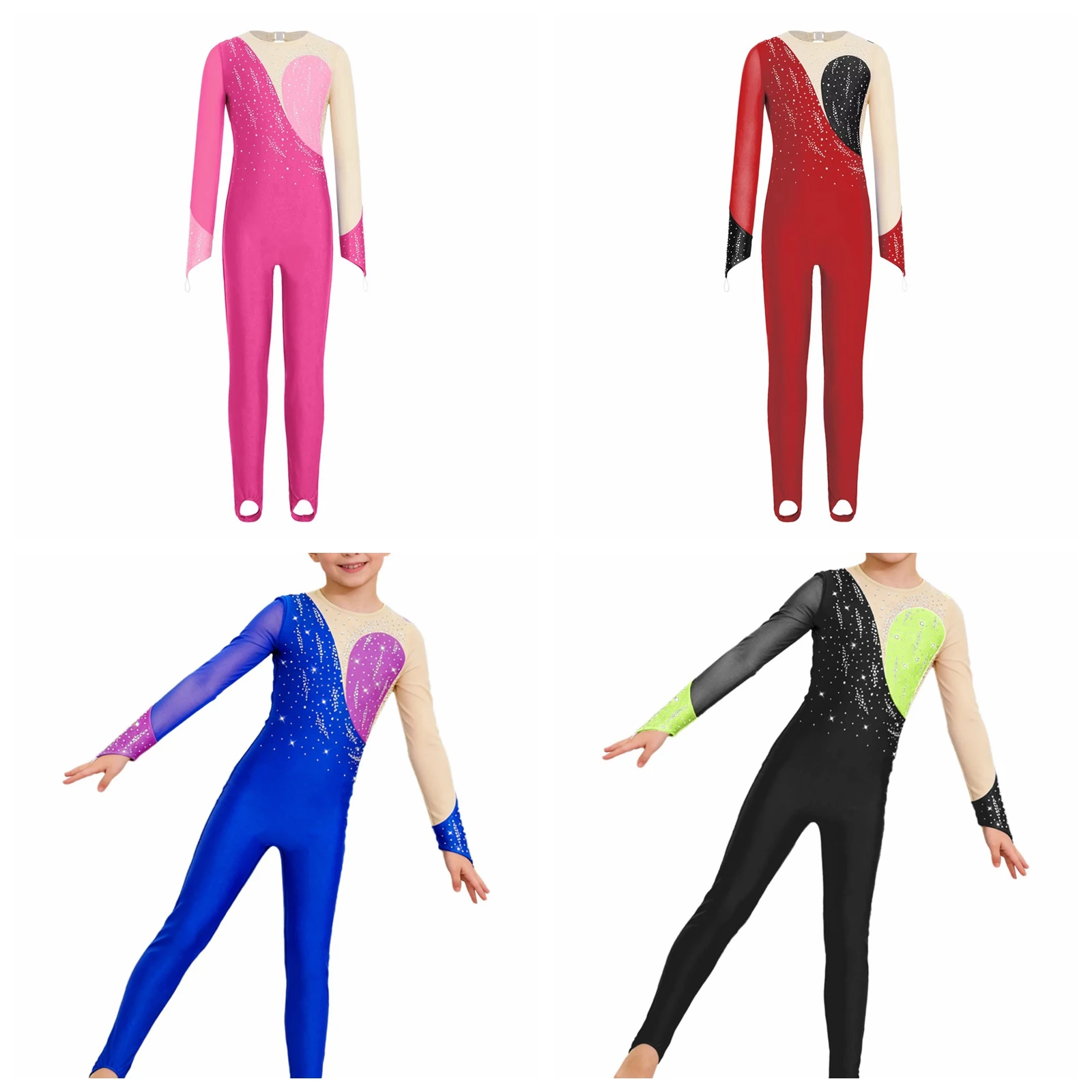 Girls Stirrup Style Ballet Bodysuit with Finger Holes Kids Gymnastics Jumpsuit Mesh Patchwork Rhinestones Athletic Leotards