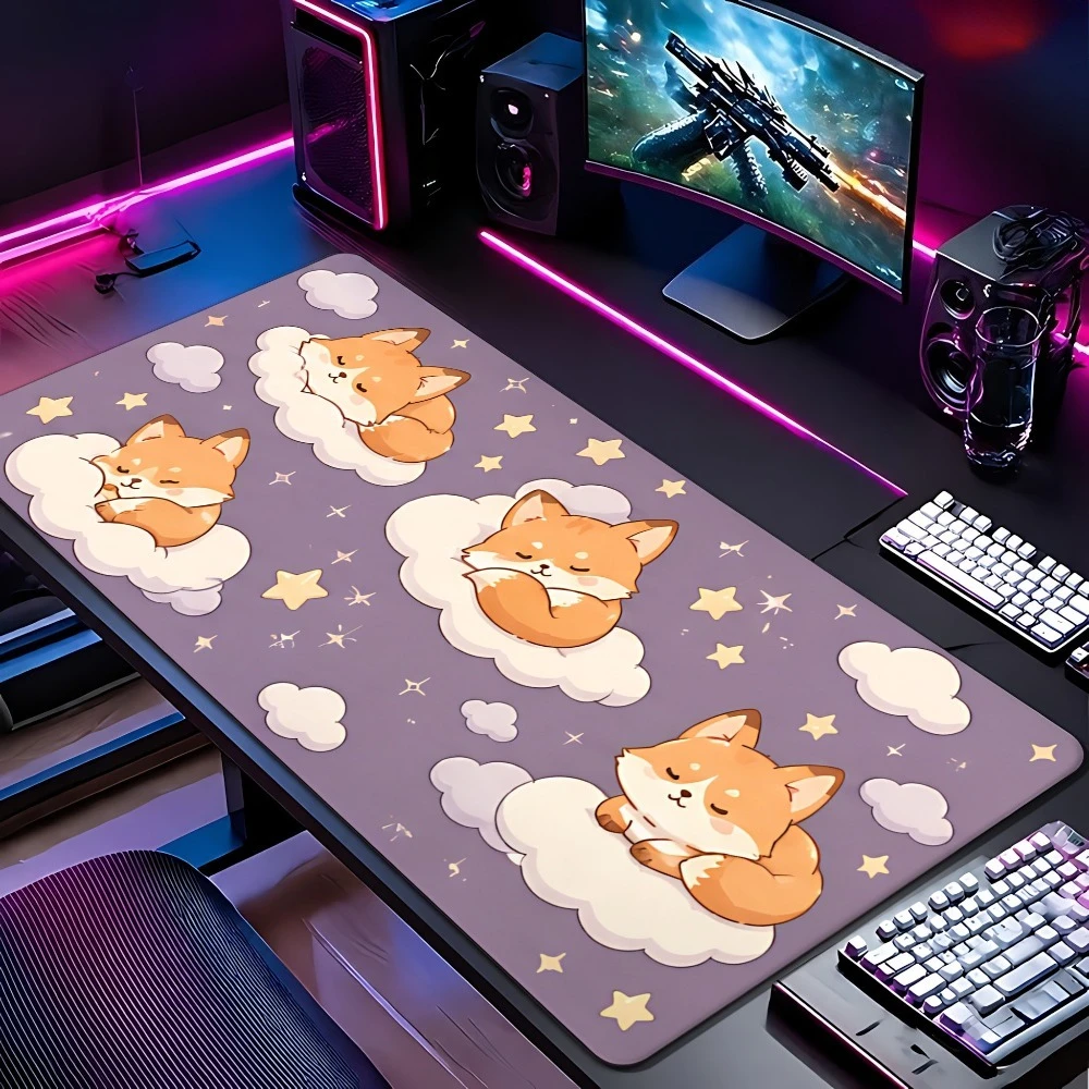 Tapis de souris à motif de renard endormi dans le ciel étoilé violet et blanc, antidérapant, alfombrillas para escritorio tapis de souris grande