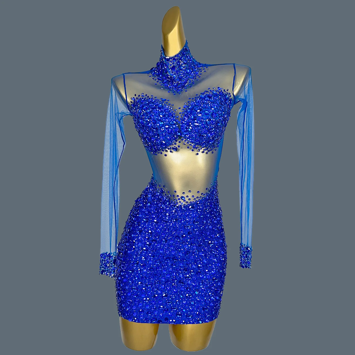 Women Sexy Blue Rhinestone Transparent Short Dress Dancer Prom Show Costume Evening Birthday Celebrate Dresses Wangshazuan