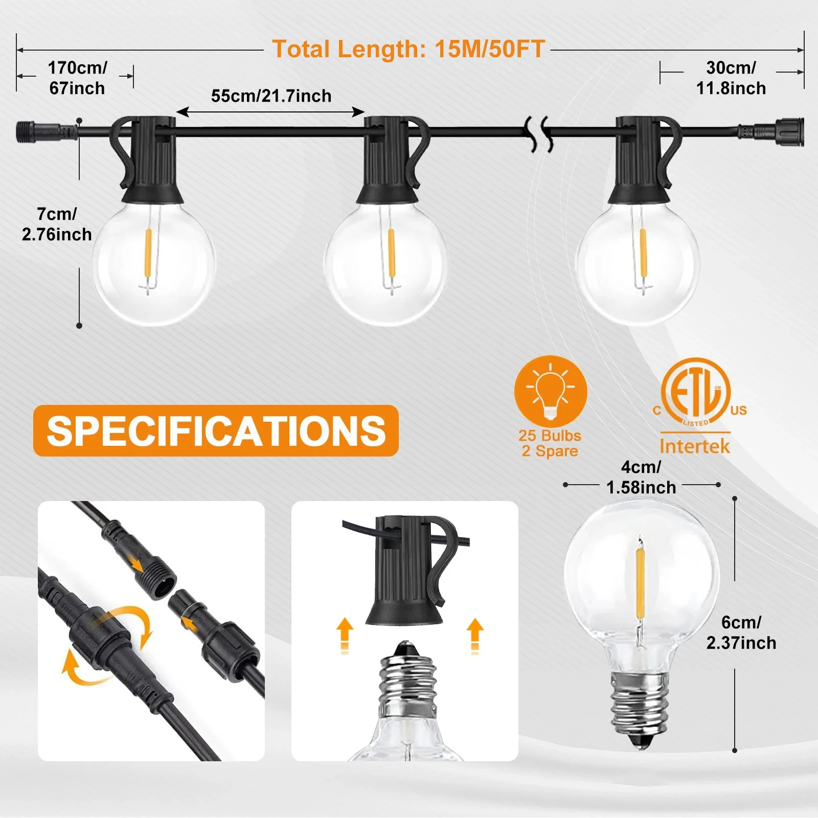 15M / 50FT zonne-lichtslingers buiten waterdicht met 25 + 2 LED onbreekbare lampen dimbare terrasverlichting met afstandsbediening voor buiten