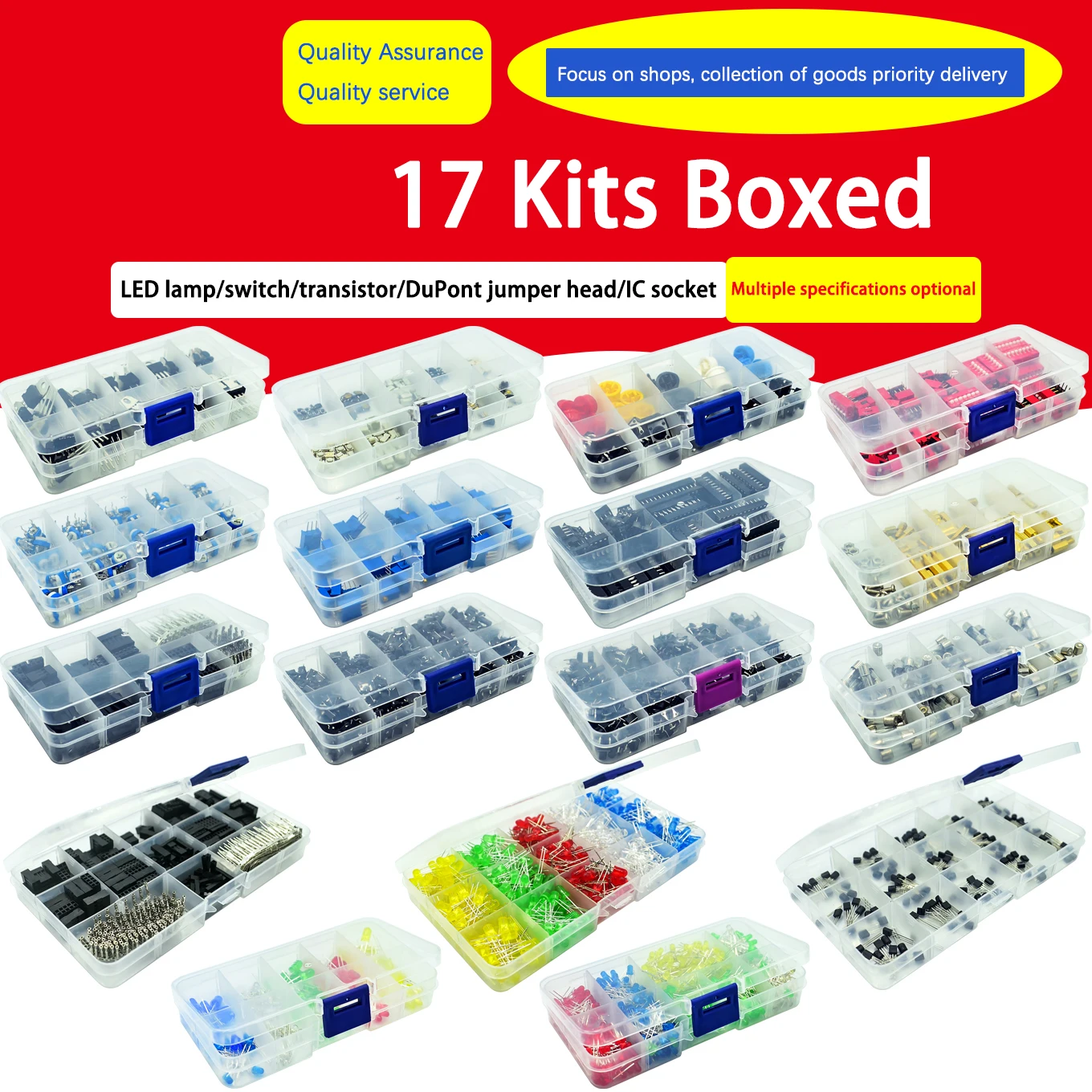 17 kinds of kit box LED3MM5MM/310PCS620PCS/TO-92/screws/IC sockets/switches/keys