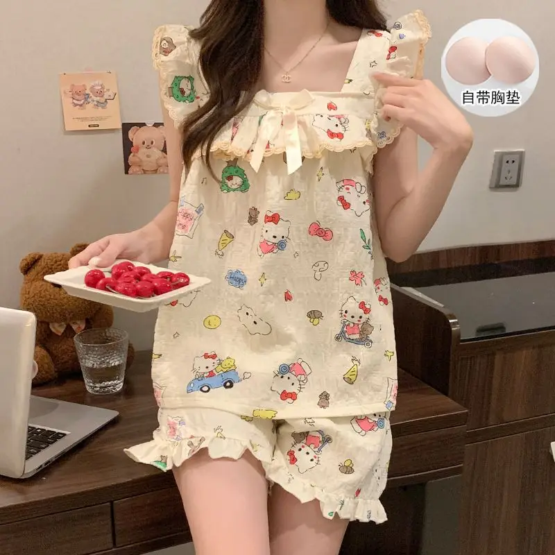 

Hello Kitty Summer Pajamas Set with Built-in Bra Puff Sleeve Shorts Cute Homewear
