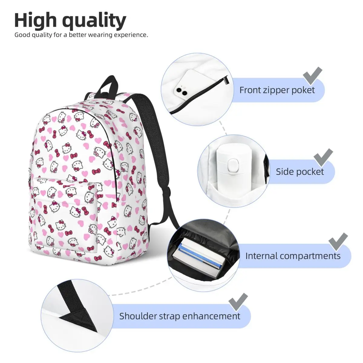 Hello Kitty Bows And Hearts Backpack for Kindergarten Primary School Student Book Bags Boy Girl Kids Daypack with Pocket