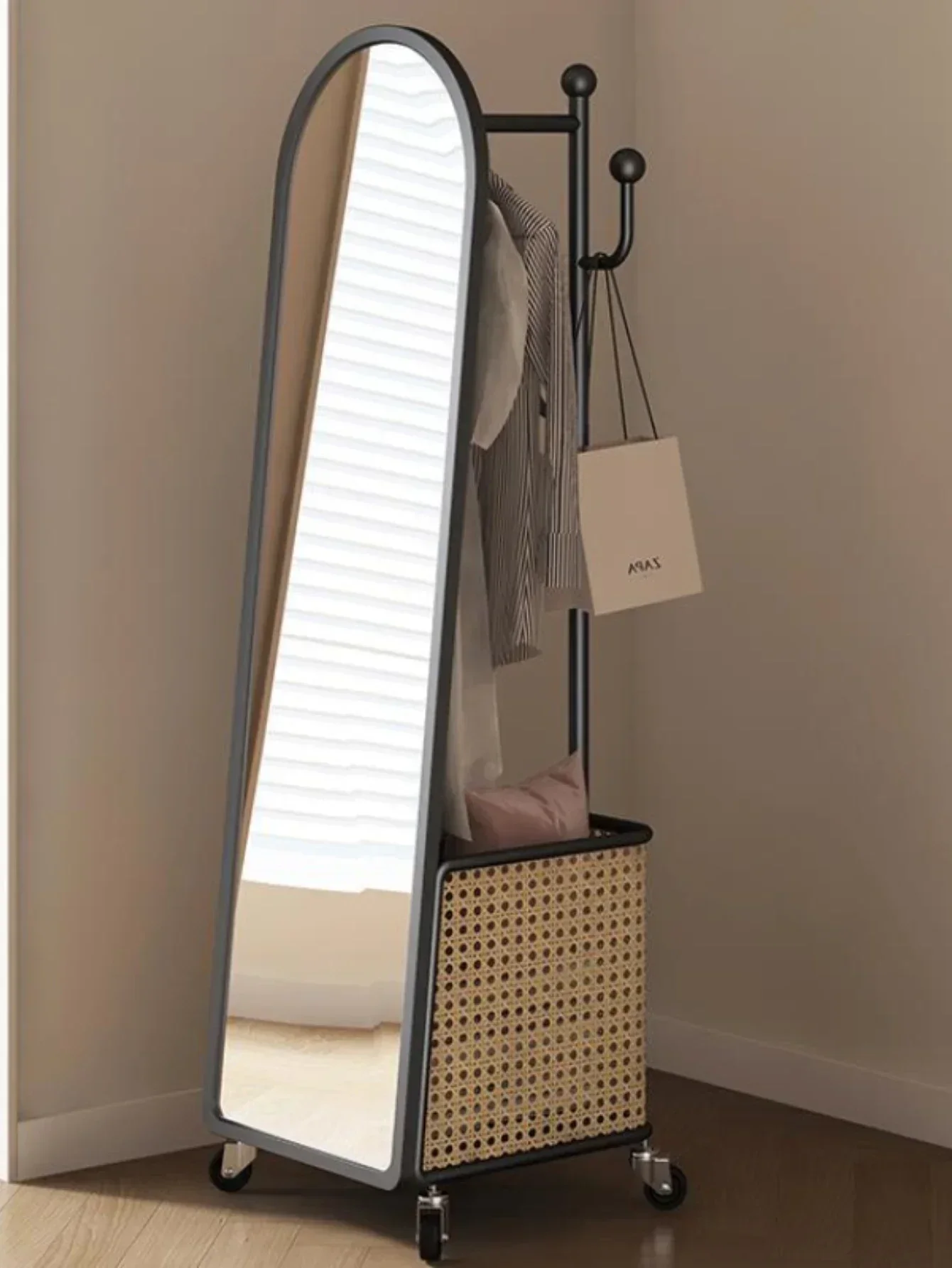 medieval floor-to-ceiling full-body full-length mirror and coat rack integrated