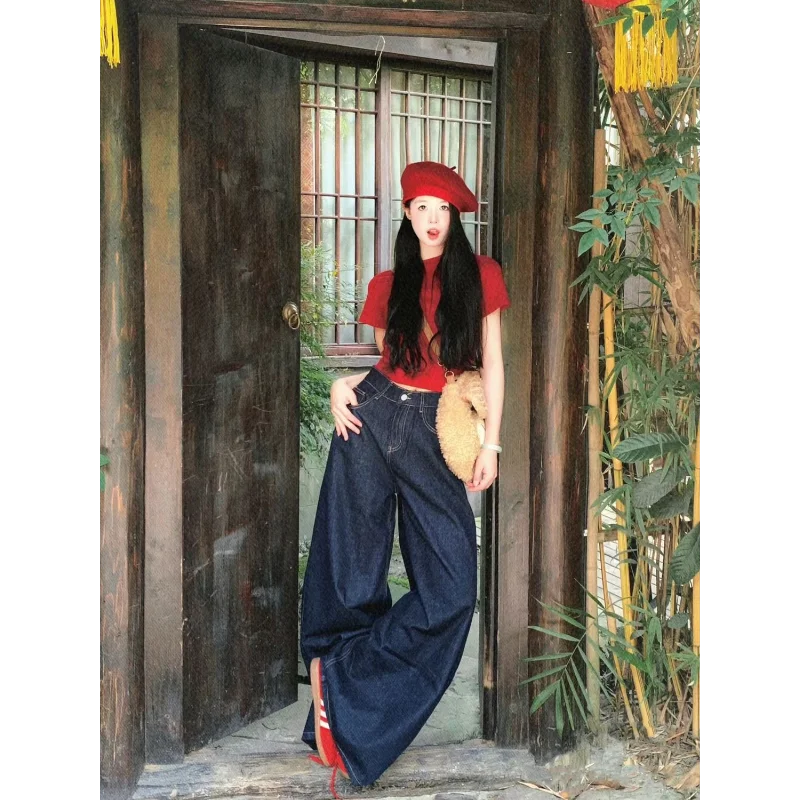 

Tall Women's Extended Deep Blue Wide-Leg Jeans New High-Waist Loose Slimming Straight-Leg Floor-Dragging Pants