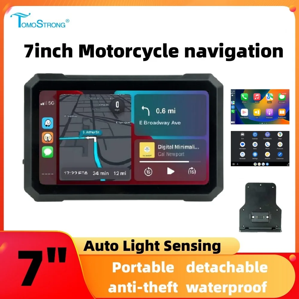 Portable 7 Inch Motorcycle CarPlay Screen GPS Navigation Dual BT Wireless Android Auto IPX7 Waterproof LCD Display Voice Control