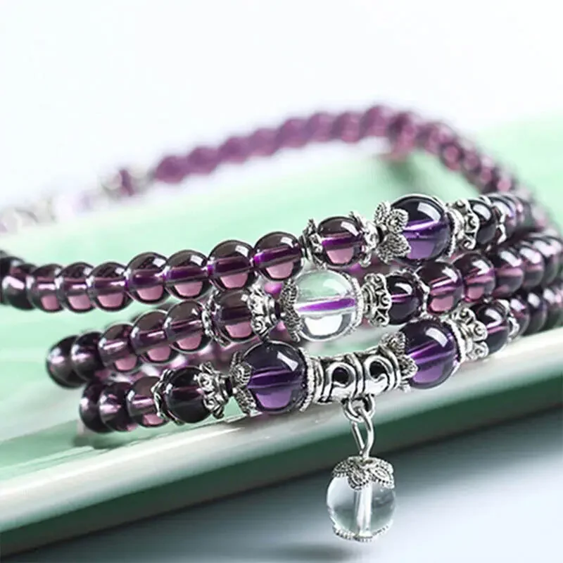 108 Rosary Bracelet Crystal Stone For Women'S Necklace Bracelet Imitation Amethyst Obsidian Stone Ethnic Buddhis Prayer Jewelry