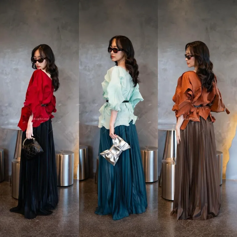 Pleated Top Pants Skirt 2 Piece Set Miyake New Bat Sleeve Large Size Stretch Short Sleeve Top African Banquet Commuter Costume