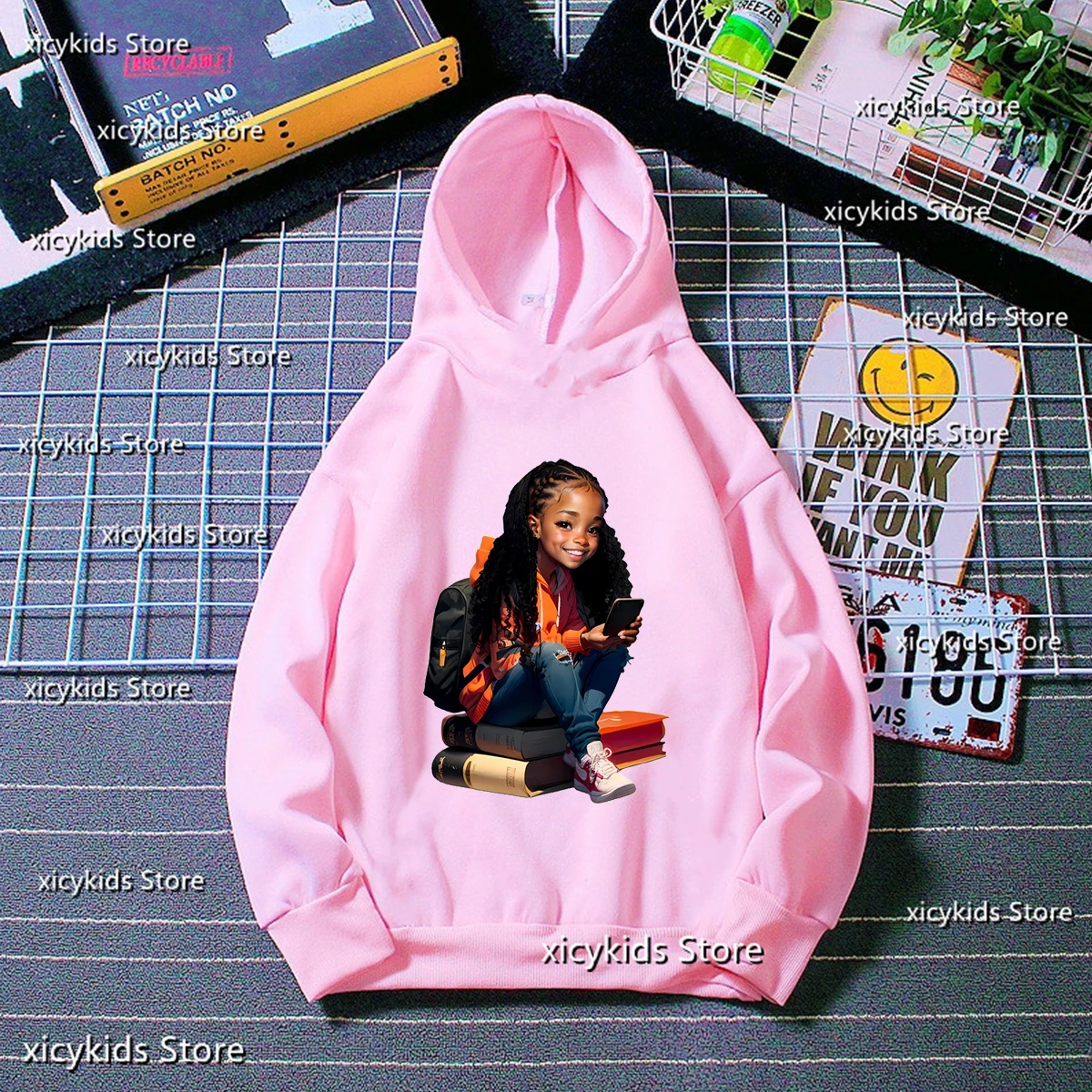 

New Girls Hoodies Cute African Girls Endorsement Bag Go To School Graphic Print Children'S Autumn/Winter Long Sleeve Sweatshirt