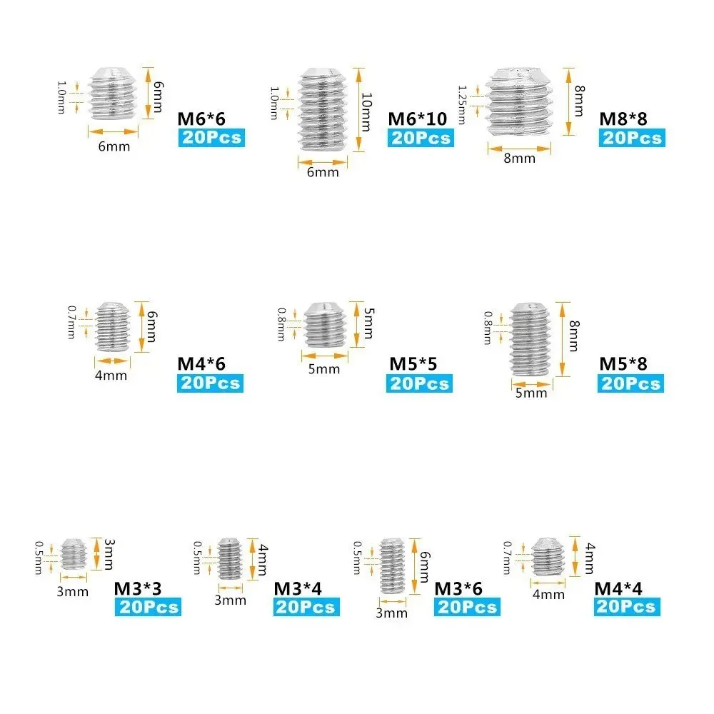 ZoeRax 200pcs 304 Stainless Steel Set Screw M3 M4 M5 M6 M8 Allen Head Socket Hex Grub Screw Set Cup Point Assortment Kit Metric
