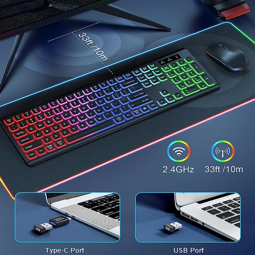 Combinação de teclado e mouse sem fio RGB retroiluminado, letras iluminadas recarregáveis, tamanho completo, ergonômico, modo de suspensão, 2,4 GHz