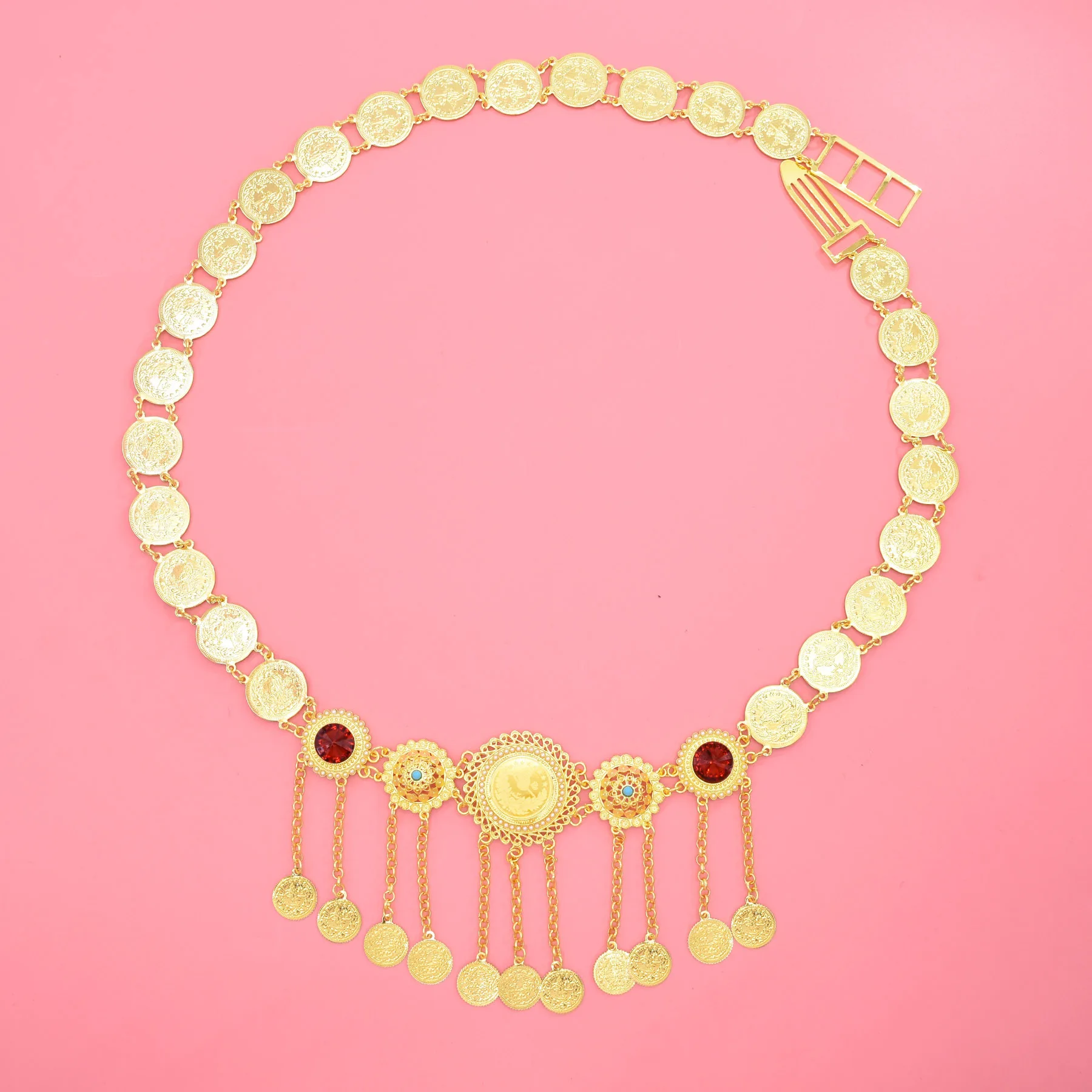 

Middle East hot selling alloy waist chain Arabic hollow flower coins tassel body chain horse face skirt accessories women