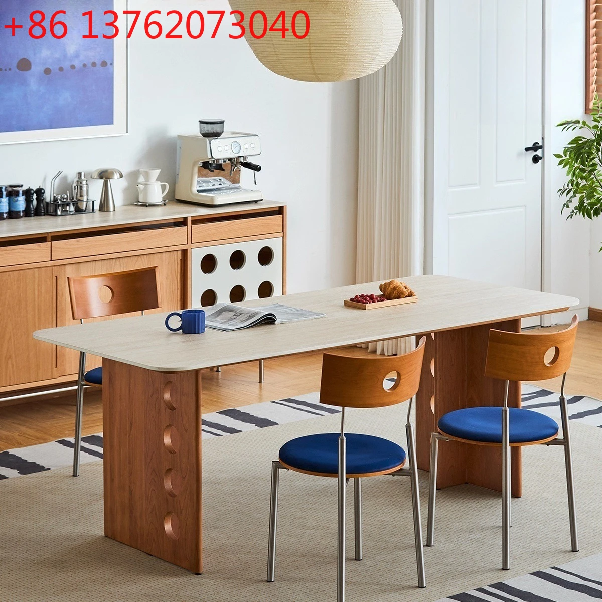 

Medieval rock slab dining table household cherry wood worktable all solid wood dining table and chairs