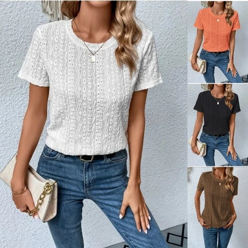 Women's Fashion Blouses 2025 Spring Summer Latest Solid Color Round Neck Short Sleeved Hollow Casual Shirt Urban Commuting Top