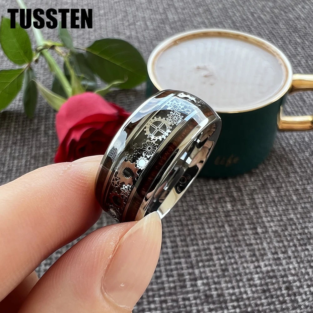 Dropshipping TUSSTEN 10MM Mannen Vrouwen Gear Ring Cool Tungsten Wedding Band Koepelvormige Afwerking Met Hout Inlay Comfort Fit