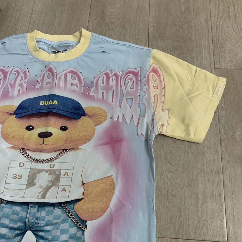 Hotfix Rhinestone Wahsed Hole Cotton Blue Yellow Spliced Short Sleeve Duaa Tshirt Cartoon Bear Print Tees Men Women Streetwear