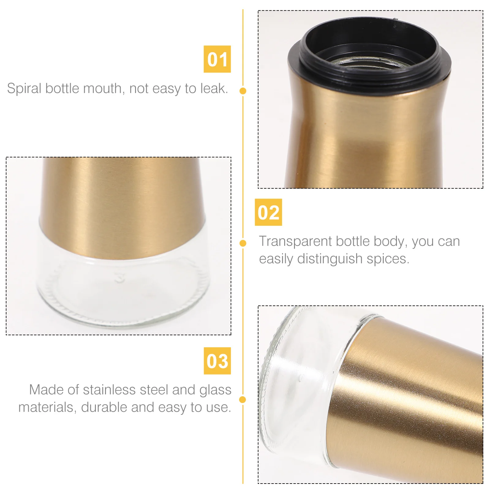 

2 Pcs Stainless Steel Glass Seasoning Bottles Salt Pepper Golden Kitchen Spice Jars Household Restaurant for Sugar