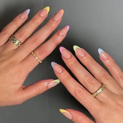 Short Round Press on Nails Oval Fake Nails Colorful French Tip Acrylic Nails Summer Artificial Nails Rainbow Edge False Nails