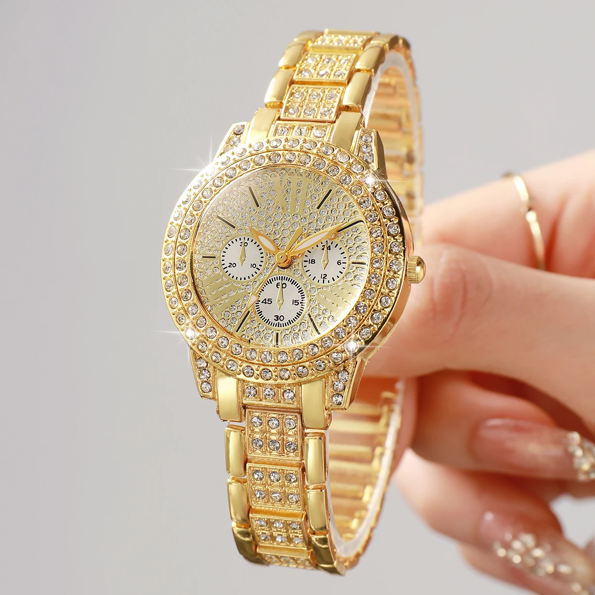 Fashion Decorative Three-eyes Dial Women Quartz Watch Luxury Full Diamond Ladies Wristwatches Reloj Mujer Clock (Without Box) - view 4