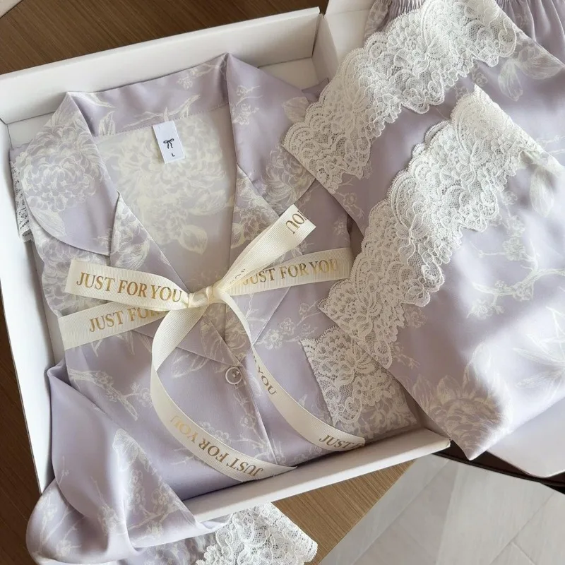 

Dream Purple Light Luxury High-end Lace Lace Ice Silk Pajamas Women's Suit New Spring Summer Loungewear Outer Wear Smooth Soft