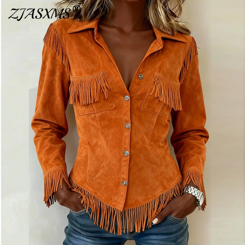 Retro Westernowa Jednorzędowa Koszula-Kurtka z Klapami Damska Moda Jednolita Zamszowa Bluzka z Frędzlami Kardigan Jesienna Kurtka z Długim Rękawem Odzież Wierzchnia