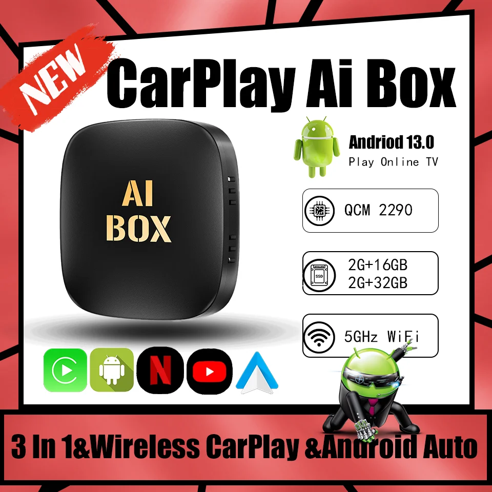 

Android 13 CarPlay Smart Ai Box Android Wired to Wireless CarPlay Car Adapter for Netflix YouTube Built-in Google Play Store