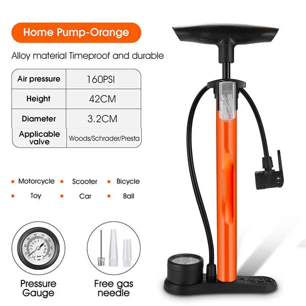 Heavy Duty Bicycle Tyre Pump With Gauge Inflator Mini Bike Ball Pump Cycling Accessories Valves-160Psi Max Bike Cycle Floor Pump