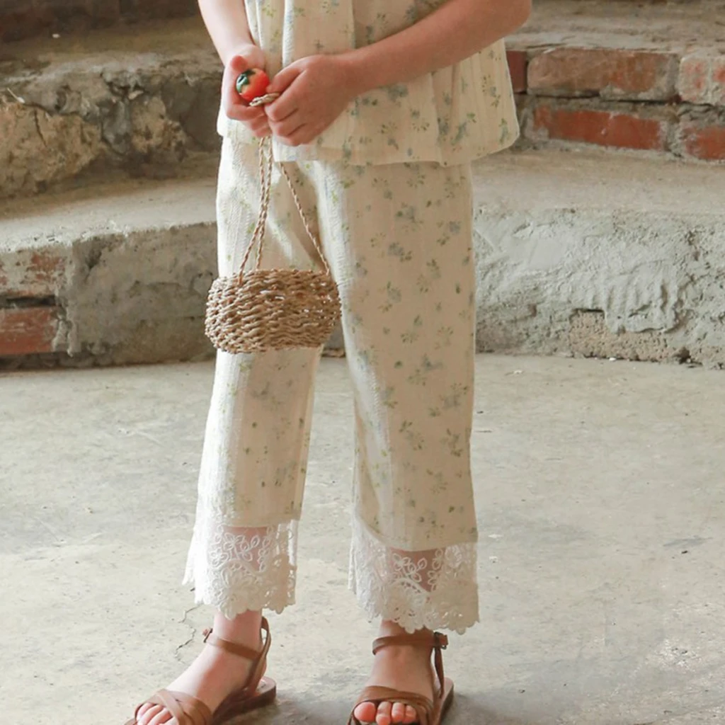Summer 2026 Children's Korean Fashion Long Pants Girls' Lace Flower Pattern Leg Trousers in Stock Kids' Clothing
