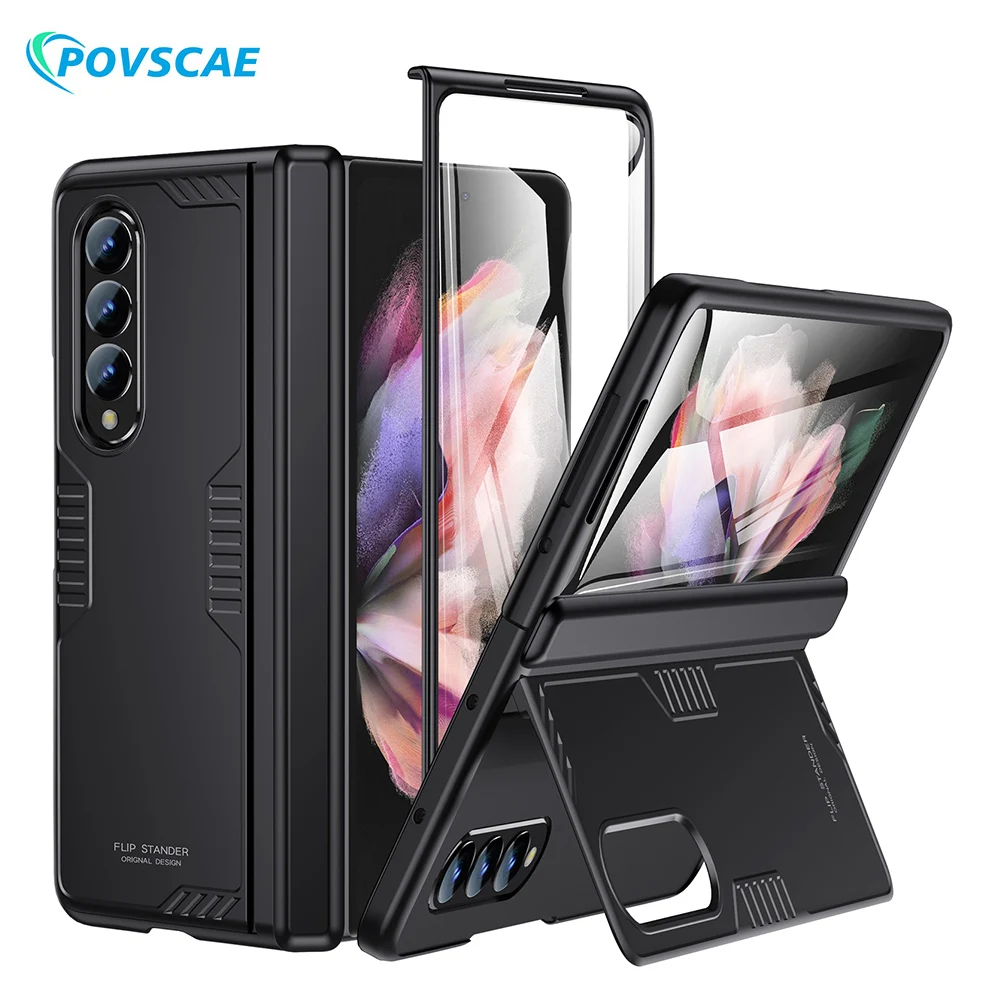 Phone Case for Samsung Galaxy Z Fold 3 Full Hinge Protection Slim Shockproof Armor Cover With Screen Protector Hidden Kickstand