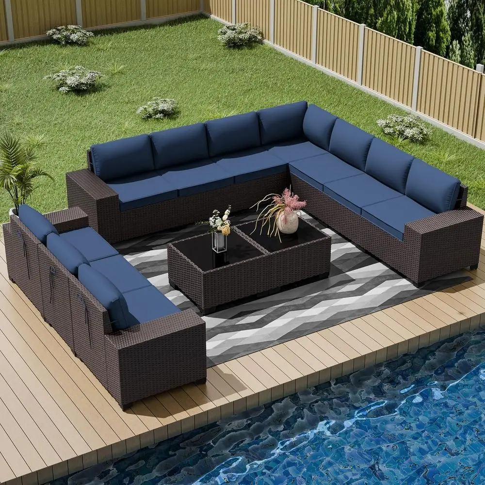 

All-Weather Outdoor Patio Sectional Set with 12 Pieces, Navy Blue Cushioned PE Rattan Wicker Furniture with 2 Coffee Tables