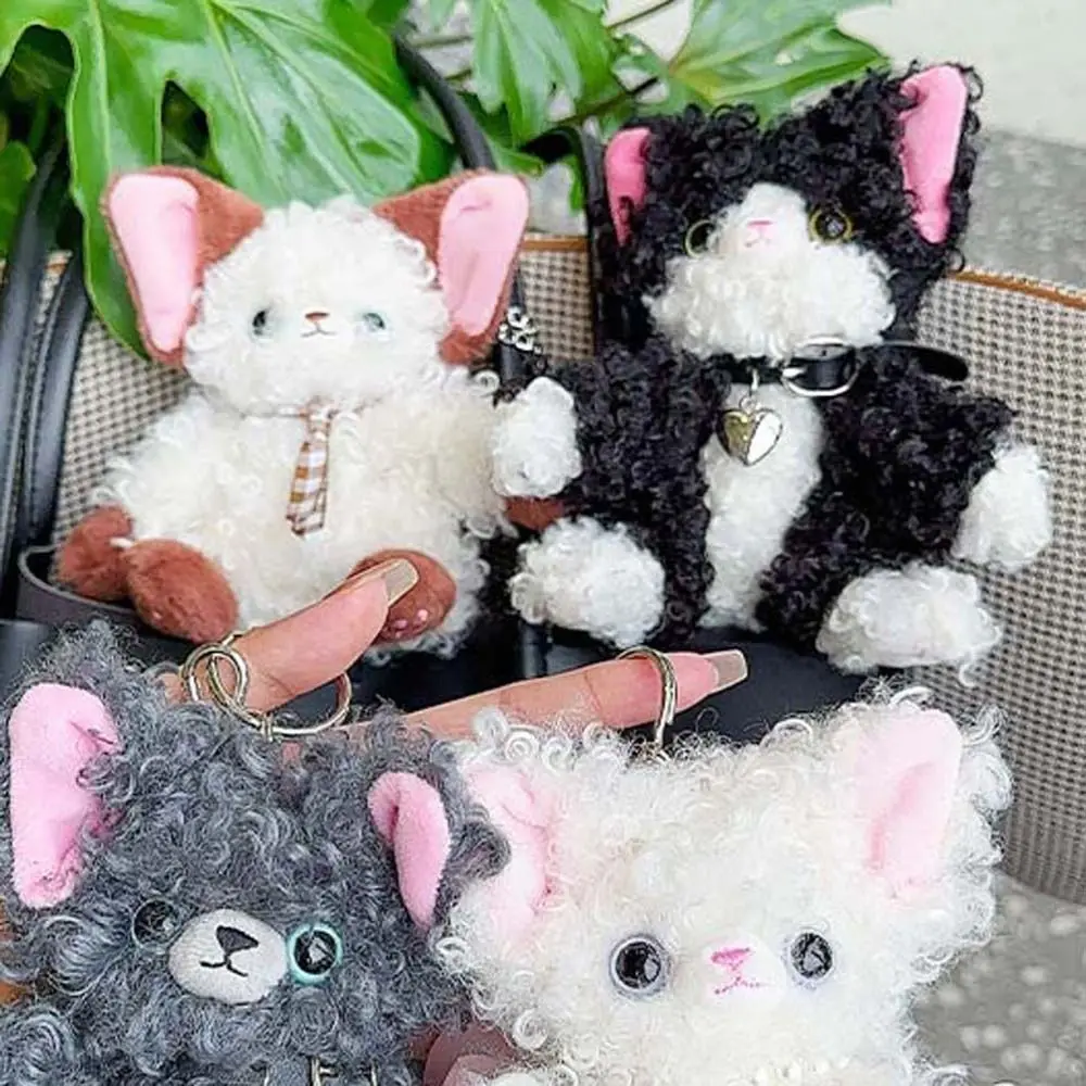 Devon Rex Cat Plush Keychain Bag Hanging Curly Hair Cartoon Cat Plush Doll German Cat Soft Stuffed Animal Plush Car Keyring